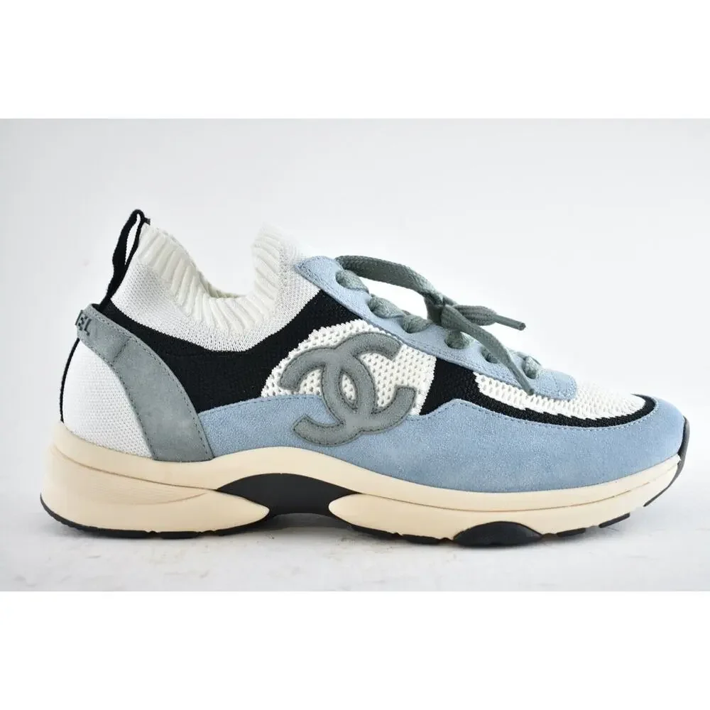 Chanel 22C Mens Blue White Grey Suede Knit CC Logo Low Top Trainer Sneaker 44 11 - Picture 1 of 8